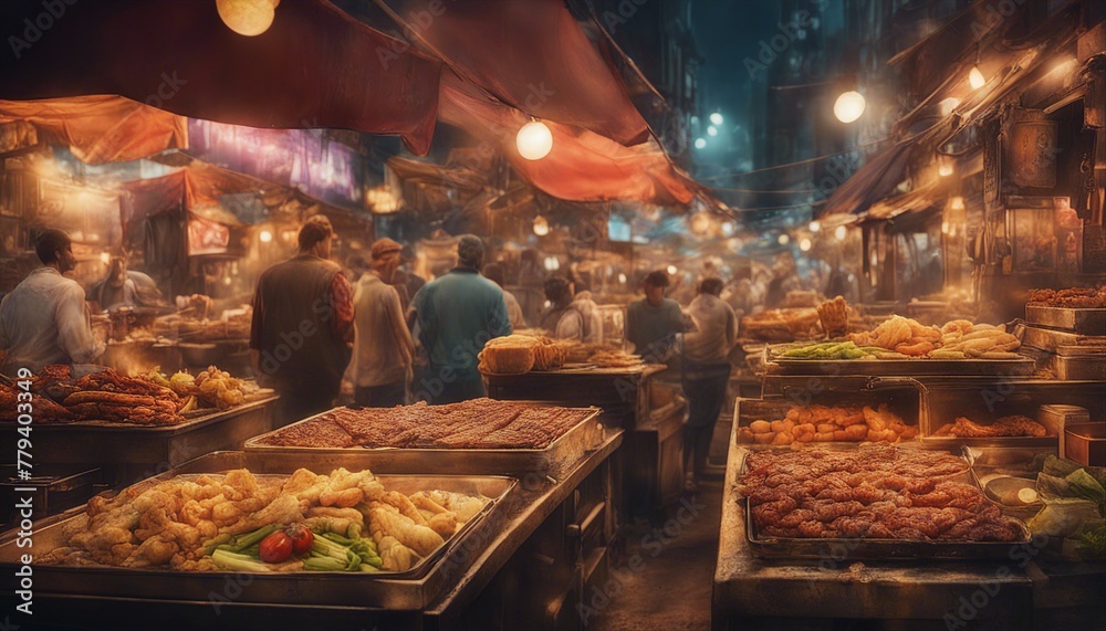 A bustling street food market scene with grilled meats, fried snacks, and fresh veggies under warm lighting.
