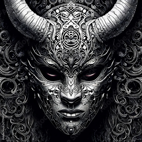 portrait of a demon warrior with horns on a black background