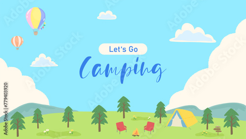 Blue sky and hot air balloon, landscape background frame inspired by camping, simple hand-drawn illustration / 青空と熱気球、キャンプをイメージした風景の背景フレーム、シンプルな手描きのイラスト