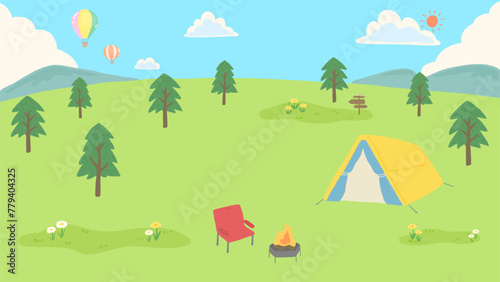 Blue sky and hot air balloon, landscape background frame inspired by camping, simple hand-drawn illustration / 青空と熱気球、キャンプをイメージした風景の背景フレーム、シンプルな手描きのイラスト
