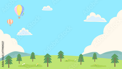 Blue sky and hot air balloon, refreshing grassland, landscape background frame, simple hand drawn illustration / 青空と熱気球、さわやかな草原、風景の背景フレーム、シンプルな手描きのイラスト
