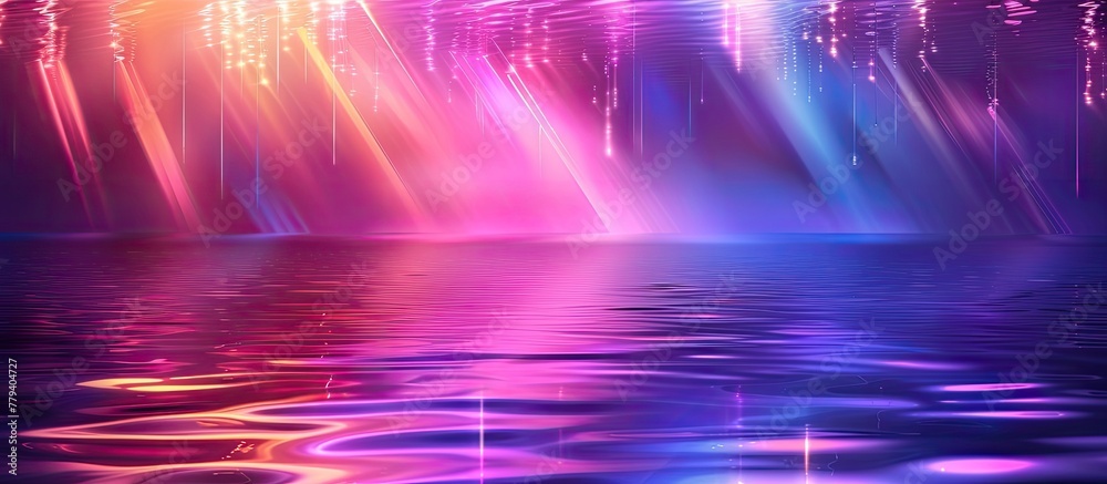 A vibrant fireworks display is mirrored in the violet liquid of the lake, creating a stunning reflection in the natural landscape A vibrant fireworks display is mirrored in the violet liquid of the lake, creating a stunning reflection in the natural landscape