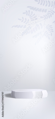 Empty stone podium in white vertical studio background with tree branch or acacia leaves shadow on wall. Monochrome light vector template for product presentation, roll up banner or stories design.