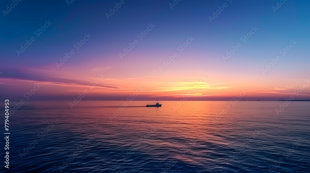 A vast expanse of ocean under the twilight sky, with distant ships sailing on it. This wide-angle photograph highlights the beauty of nature's tranquility, commercial activity at dusk. For Design, PPT