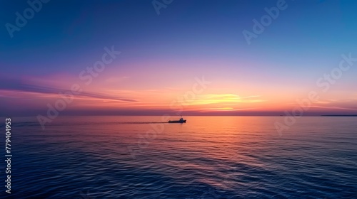 A vast expanse of ocean under the twilight sky  with distant ships sailing on it. This wide-angle photograph highlights the beauty of nature s tranquility  commercial activity at dusk. For Design  PPT