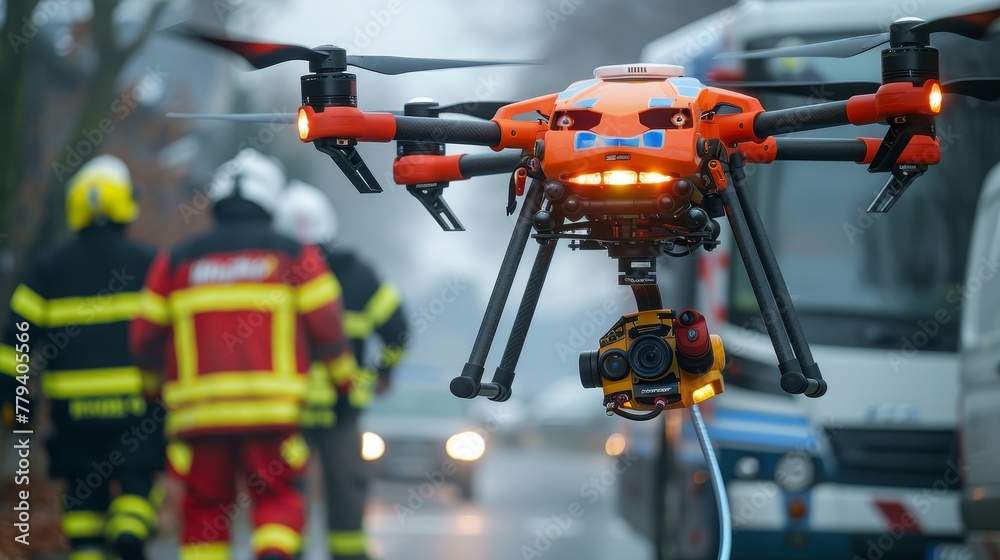 A medical drone, fully equipped for rescue operations, assists in emergency patient transport, demonstrating its crucial role alongside firefighters A medical drone, fully equipped for rescue operations, assists in emergency patient transport, demonstrating its crucial role alongside firefighters