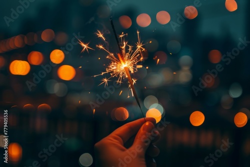 Sparkler with blurred busy city light background New year birthday Christmas holidays celebration for card poster cover background photo