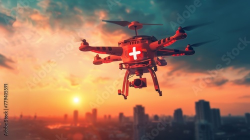 A medical drone swiftly navigating through the sky, equipped for rescue in emergency situations, hurrying to aid an accident patient