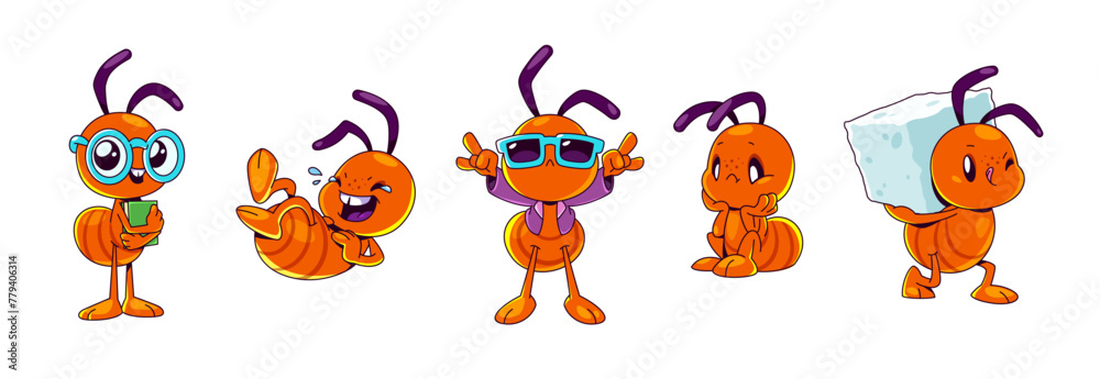 Red cartoon ant character. Cute isolated insect illustration. Funny bug holding sugar cube in hands, laugh, happy dance and sitting sad. Childish termite mascot emotion and mood expression set. - obrazy, fototapety, plakaty 
