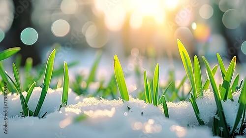 Green grass growing vigorously under melting snow at sunrise, end of Winter, Spring is surely coming. For Design, Background, Cover, Poster, Banner, PPT, KV design, Wallpaper photo