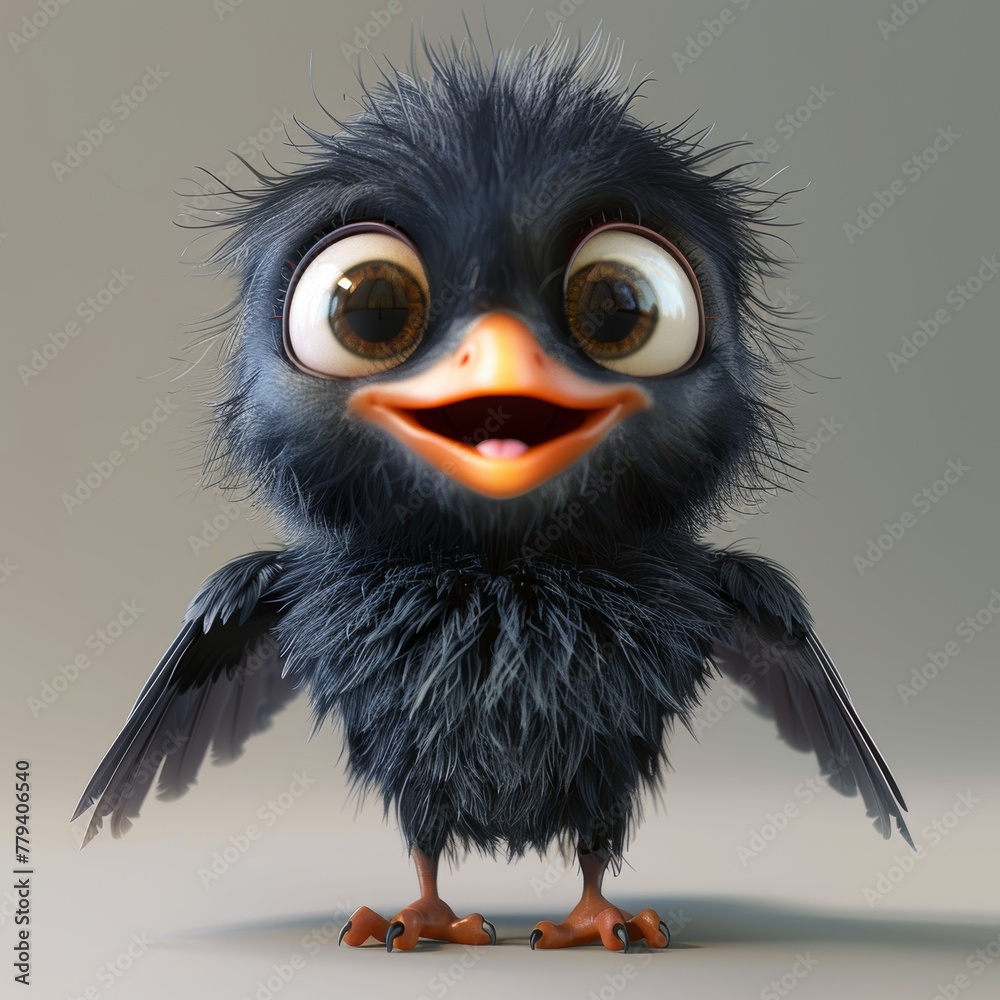 A cute cartoon baby raven with big eyes and a big smile. The raven is black and fluffy, and it looks like it's having a good time. 3d render style, children cartoon animation style