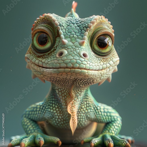 A cute cartoon baby iguana with a big smile on its face. The iguana is green and has a pink tongue sticking out. 3d render style  children cartoon animation style