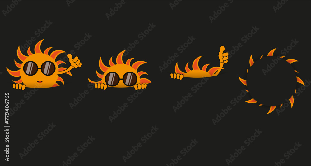 Total Eclipse of the Sun design in trendy Kawaii style. The Stages of Solar Eclipse 139 sarosa isolated black background. Vector illustration can used information template. Chilldish art. Total Eclipse of the Sun design in trendy Kawaii style. The Stages of Solar Eclipse 139 sarosa isolated black background. Vector illustration can used information template. Chilldish art.