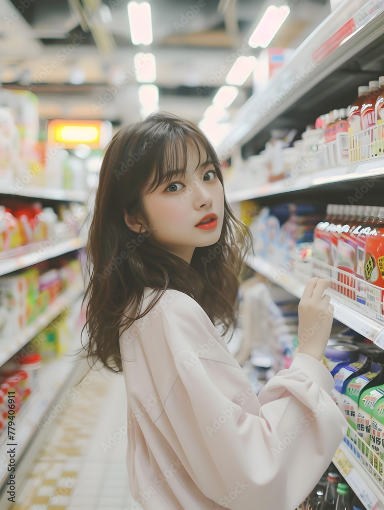 スーパーマーケットで買い物をしているアジア人女性