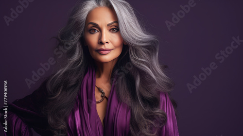 Elegant, elderly, chic latino, Spain woman with gray long hair and perfect skin, purple background, banner.