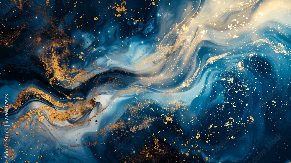 Abstract fluid flowing art deep blue and white with gold accent dark tone in concept luxury.