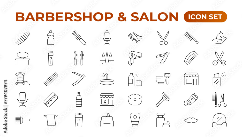 Barbershop icons - minimal editable thin line web illustration set. Outline collection. Simple vector illustration.Set of Barber's Tools icons. art style pack. Vector icon collection.