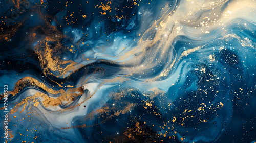 Abstract fluid flowing art deep blue and white with gold accent dark tone in concept luxury. © Stima