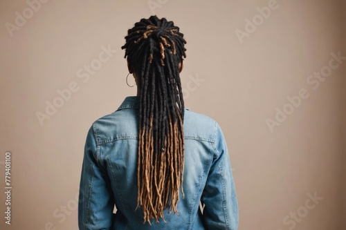 Back view of young anonymous african american woman with dreadlocks