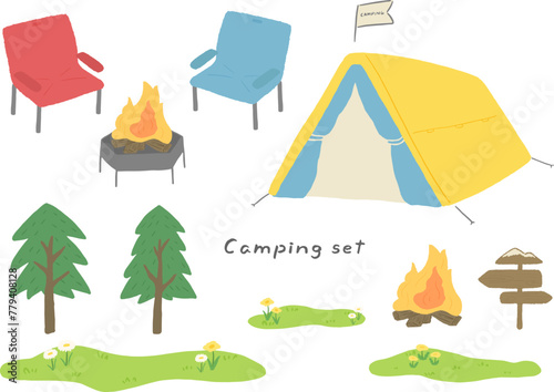 Camping tent and campfire, trees and meadow, hand drawn cute illustration set / キャンプのテントやキャンプファイヤ、木と草原、手描きのかわいいイラストセット
