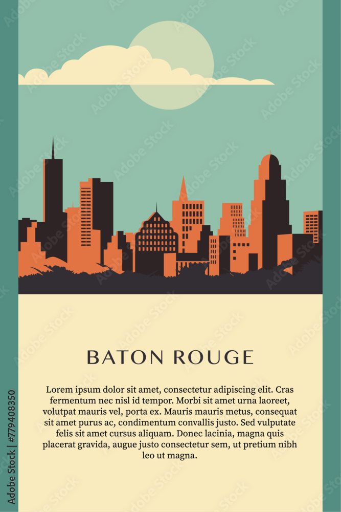 USA Baton Rouge retro city infographic poster with abstract shapes of skyline, buildings. Vintage US Louisiana state travel webpage layout concept, vector illustration
