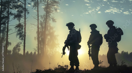 Soldiers standing together in an outdoor landscape against the sunset - soldier silhouette, team unity, military formation.