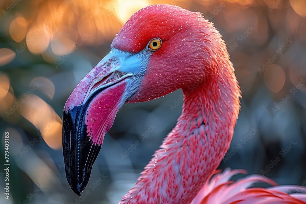 Obraz premium Captivating close-up of a flamingo showcasing vibrant pink feathers and striking details at sunset in a tranquil natural setting