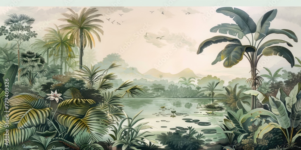 wallpaper jungle and leaves tropical forest birds old drawing vintage - generative ai	
