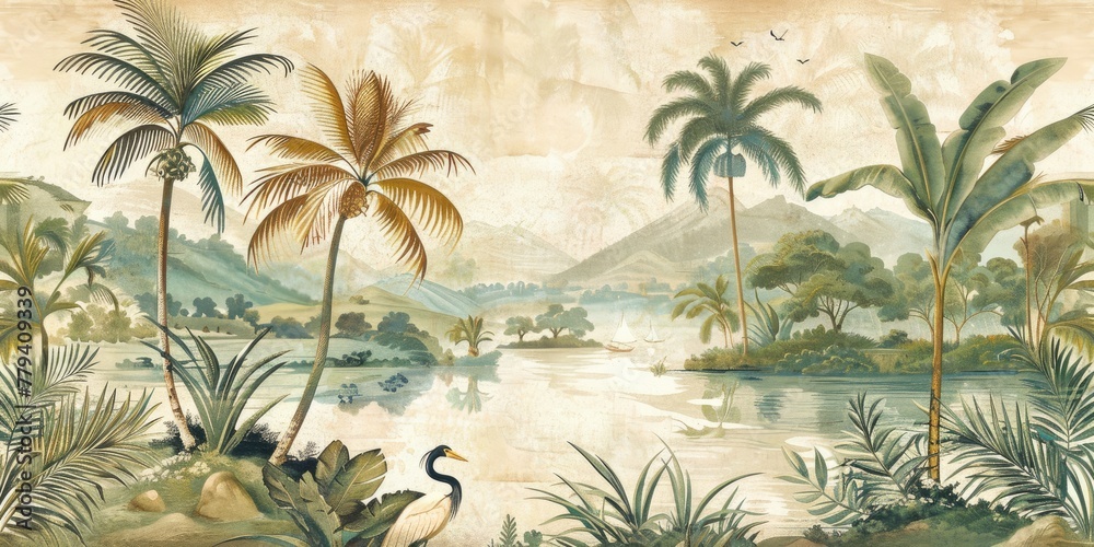 wallpaper jungle and leaves tropical forest birds old drawing vintage - generative ai	
