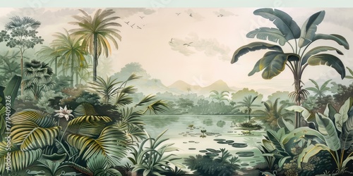 wallpaper jungle and leaves tropical forest birds old drawing vintage - generative ai   © Andrus Ciprian