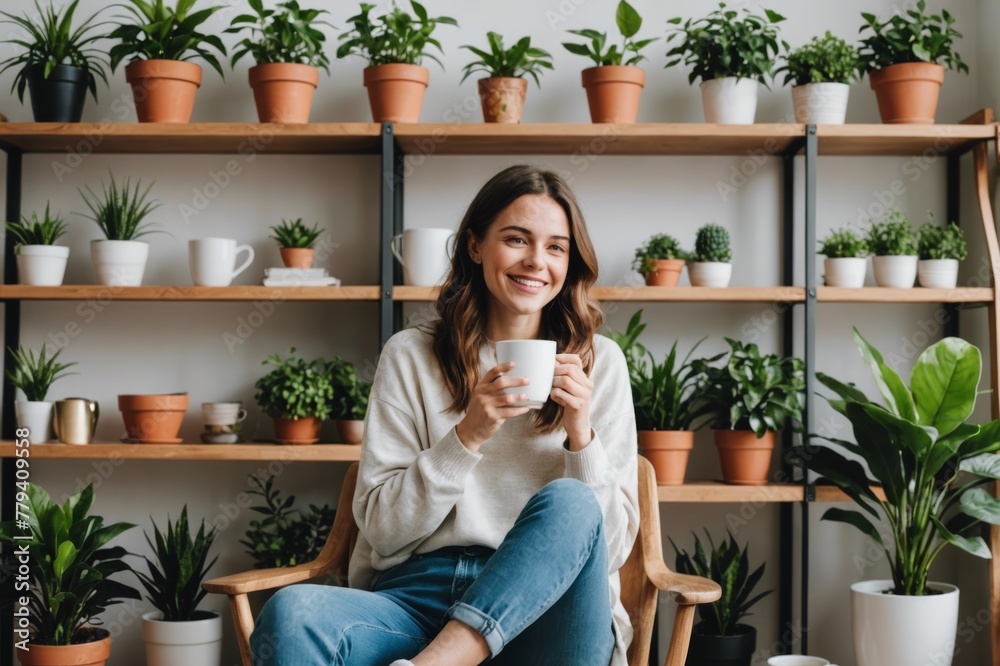 Happy young woman in casual clothes and socks drinking hot coffee while sitting on chair near shelf with various potted plants at home Happy young woman in casual clothes and socks drinking hot coffee while sitting on chair near shelf with various potted plants at home