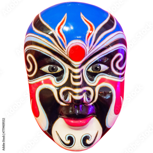 chinese opera mask on a white background. The mask is decorated with patterns.