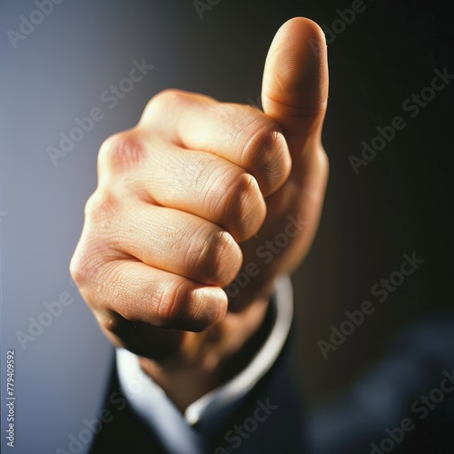 Close-up photo of a businessman's hand with a raised fist and thumbs up in a gesture of approval. Well-groomed hand, sleeve of a dark suit. photo