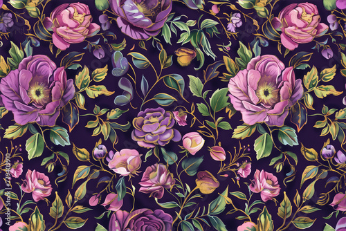 Elegant purple flowers in a dark seamless pattern