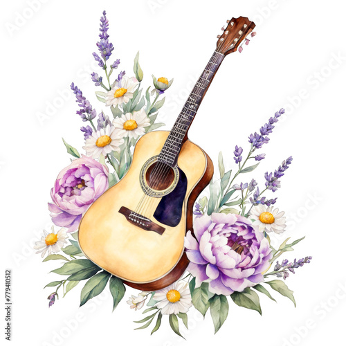 A vintage guitar surrounded by peonies, lavender, flowers, grass foliage, botanical watercolor illustration, clipart, for scrapbook, hobby, isolated, hobby