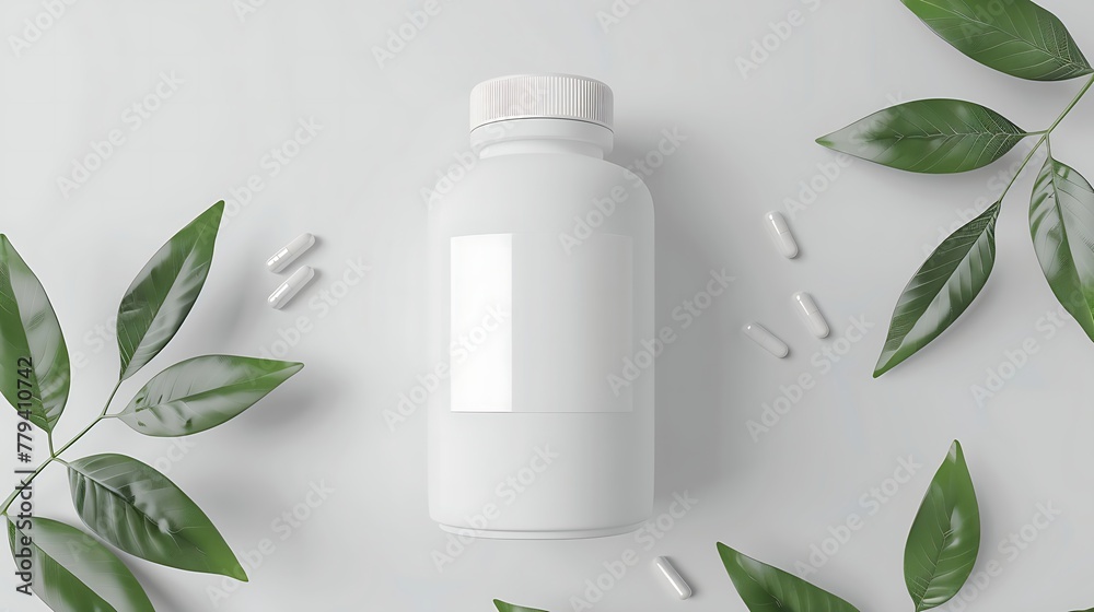 a white supplement bottle with a blank label next to green leaves on a pure white background - obrazy, fototapety, plakaty 