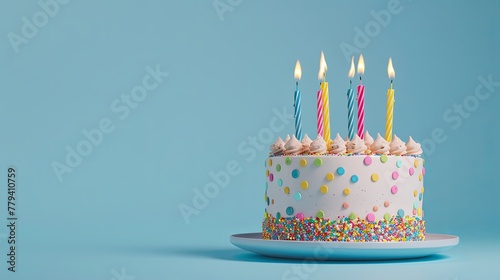 Colorful Birthday Cake with Candles on a Blue Background, in a Minimalistic Style, Studio Shot, Copy Space for Text, 8K, Ultra Details, a Masterpiece.