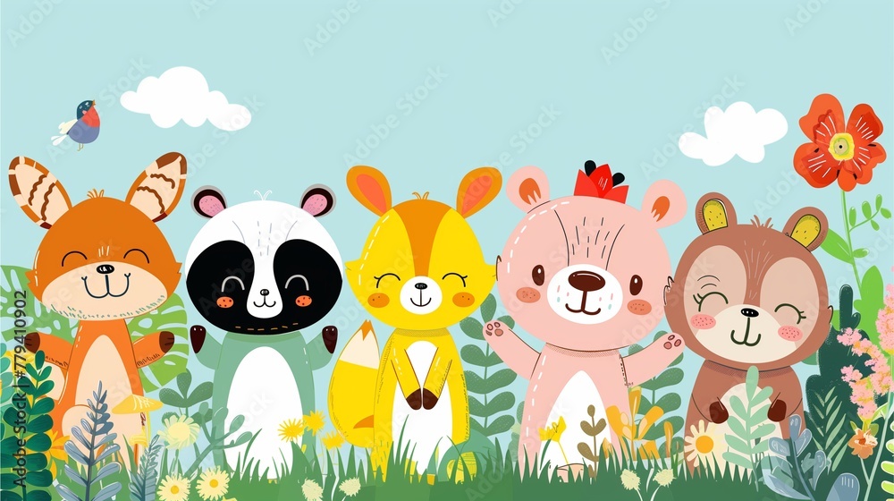 Naklejka premium Adorable critters posing cheerfully amidst a vibrant garden scene, depicted in a whimsical cartoon illustration.