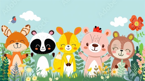 Adorable critters posing cheerfully amidst a vibrant garden scene, depicted in a whimsical cartoon illustration.