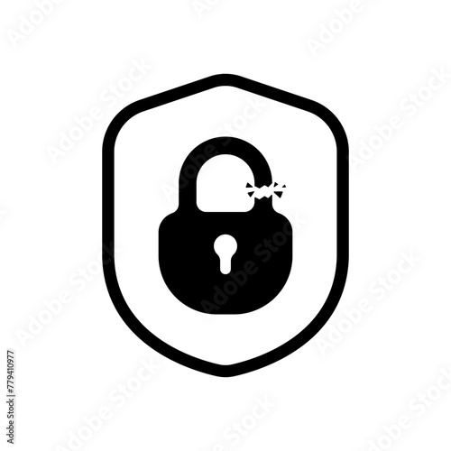 Black broken lock on shield vector icon. Weak protection concept icon. Broken lock logo. Simple insecurity icon. Vector illustration.