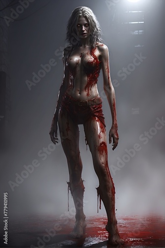 Digital horror illustration of bloody female zombie with scars 