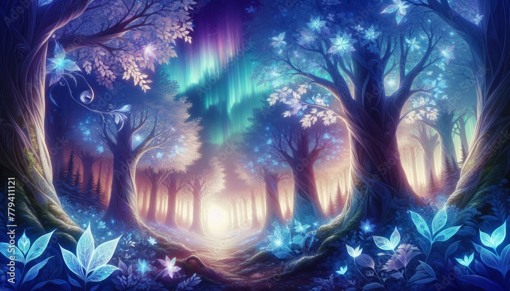 Fototapeta premium An enchanted forest where the trees have leaves made of translucent crystals, softly clinking in the wind.