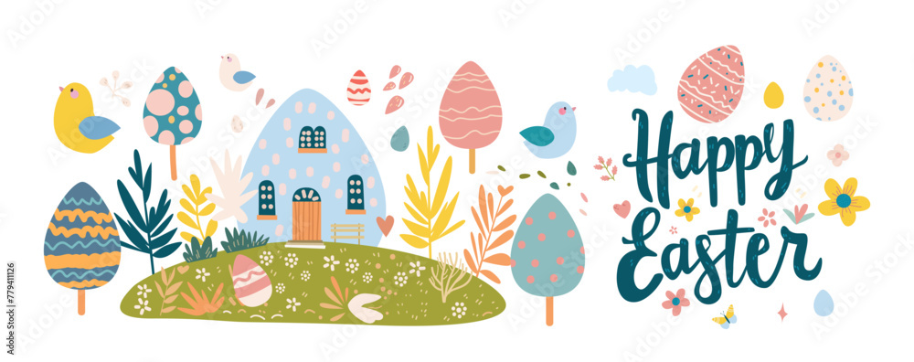 Happy Easter greeting card with eggs in pastel colors spring holiday celebration card horizontal Happy Easter greeting card with eggs in pastel colors spring holiday celebration card horizontal