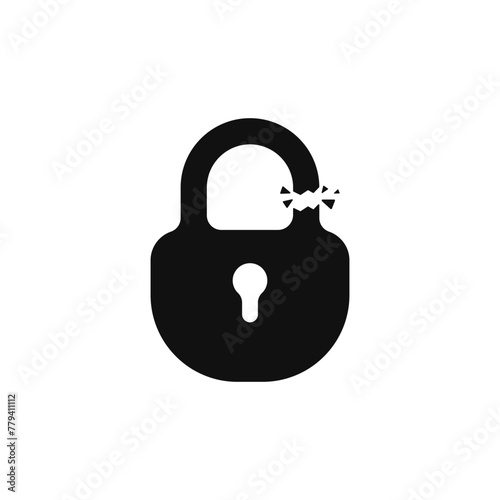 Black broken lock vector icon. Weak protection concept icon. Broken lock logo. Simple insecurity icon. Vector illustration.