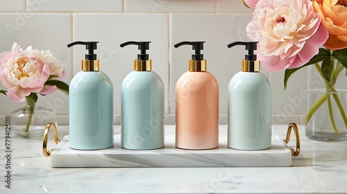 an elegant and harmonious bathroom vanity display with four luxurious hand soa photo
