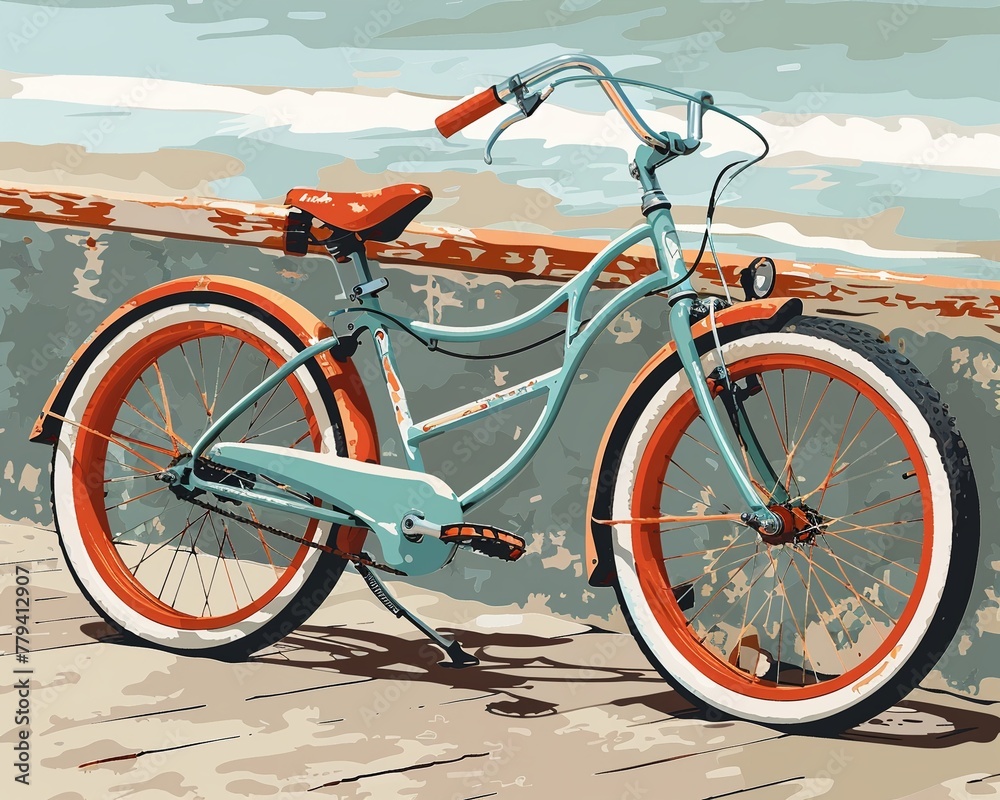 Fototapeta premium Beach bike clipart parked by the boardwalk