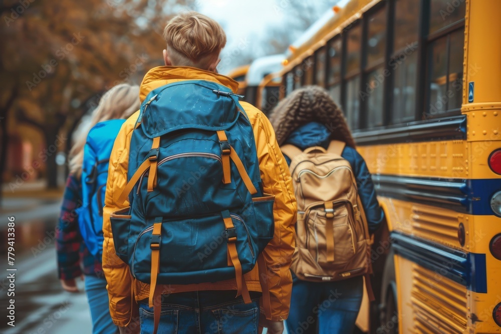 Obraz premium A group of children are standing in front of a yellow school bus