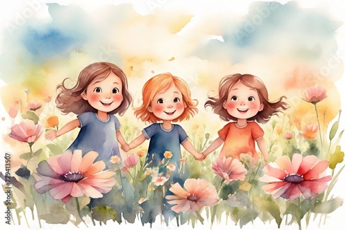 Watercolor illustration of a group of happy children in the floral summer meadow. Concept for International Children's Day, happy childhood. AI generated