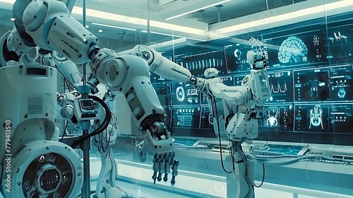 an advanced futuristic medical operating room scene, with robotic arms performing surgery