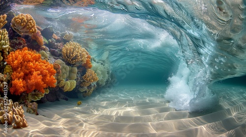 Underwater view of a vibrant coral reef with a wave breaking on the surface above. © victoriazarubina